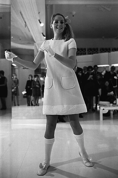 Sixties fashion model wears Courreges design at Harrods 1968 February 1968