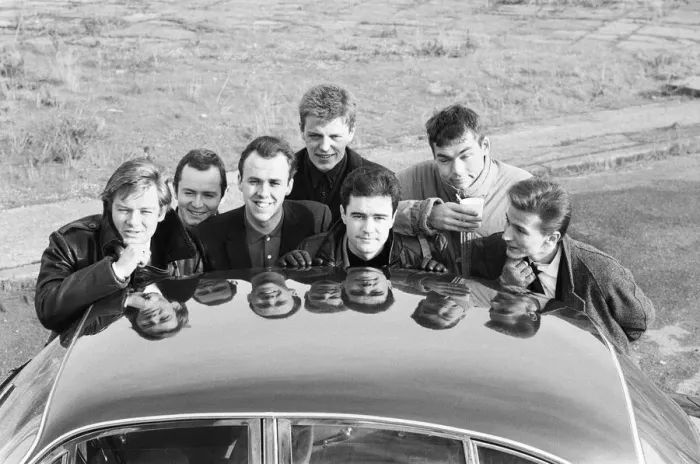 Framed Print : Ska group Madness pose in London whilst filming their new video. 30th January 1984 Framed Print : Ska group Madness pose in London whilst filming their new video. 30th January 1984