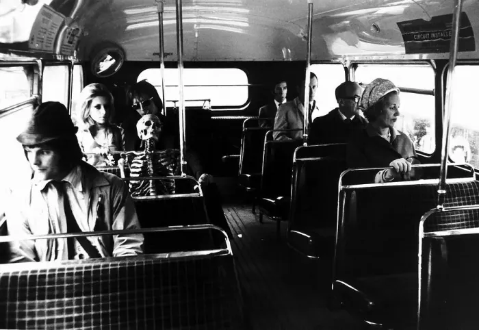 Framed Print : Skeleton on the bus with Pop Singer Elmer Gantry 1969