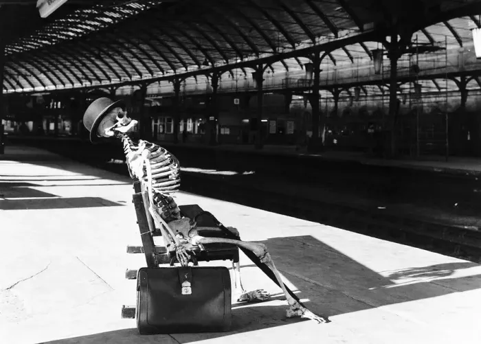 Framed Print : Skeleton at Kings Cross Station while British Rail drivers are on strike