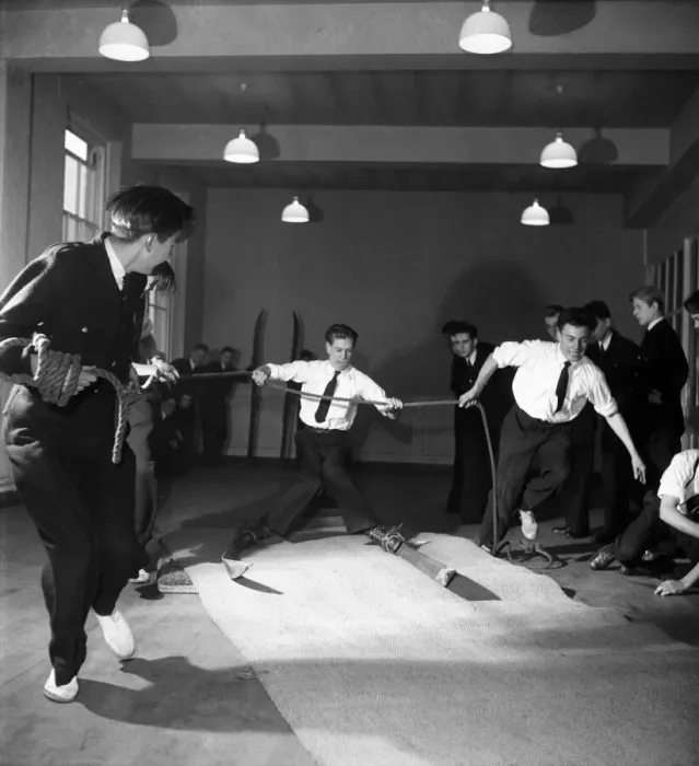 Framed Print : Ski-ing Instruction at a London Nautical School. December 1952 C6051 Framed Print : Ski-ing Instruction at a London Nautical School. December 1952 C6051