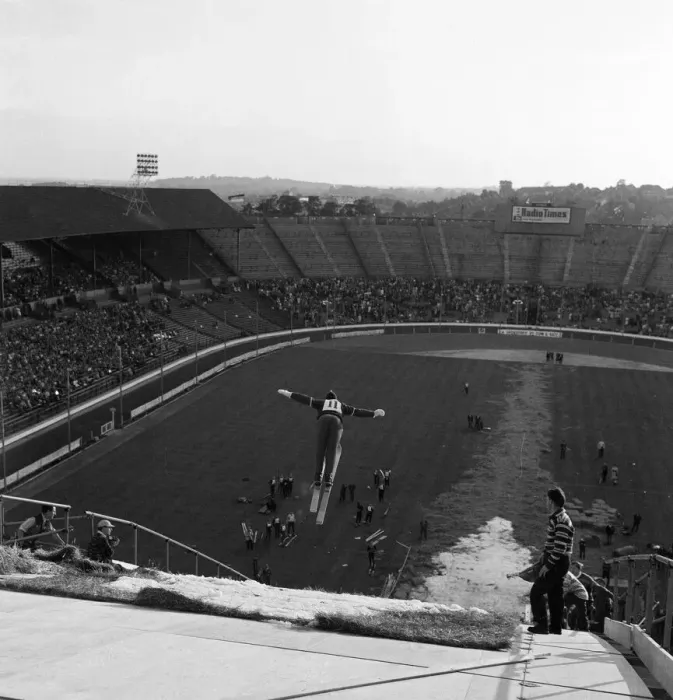 Framed Print : Skiing at Wembley Stadium, London. 30th May 1961 Framed Print : Skiing at Wembley Stadium, London. 30th May 1961
