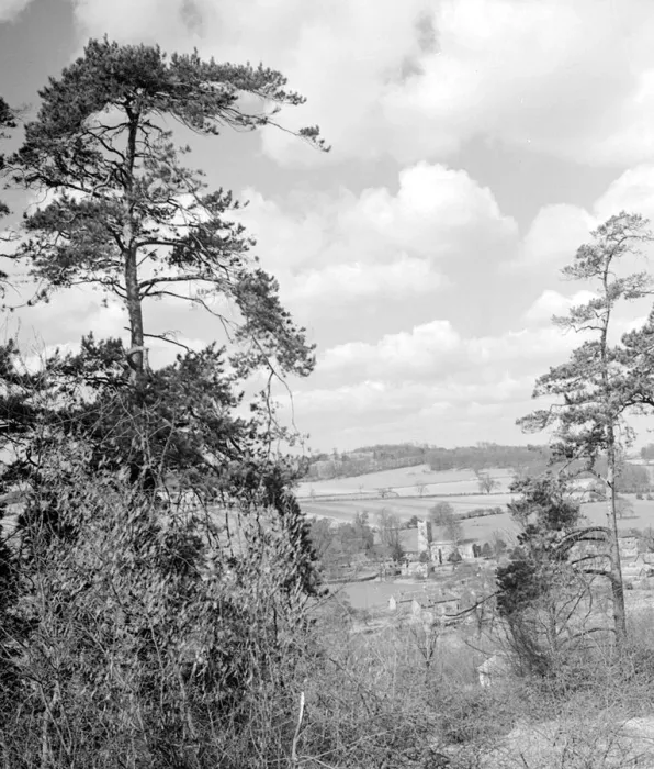 Framed Print : The sleepy village of Aldbury viewed from the trees on a mid winters day Circa 1945 Framed Print : The sleepy village of Aldbury viewed from the trees on a mid winters day Circa 1945