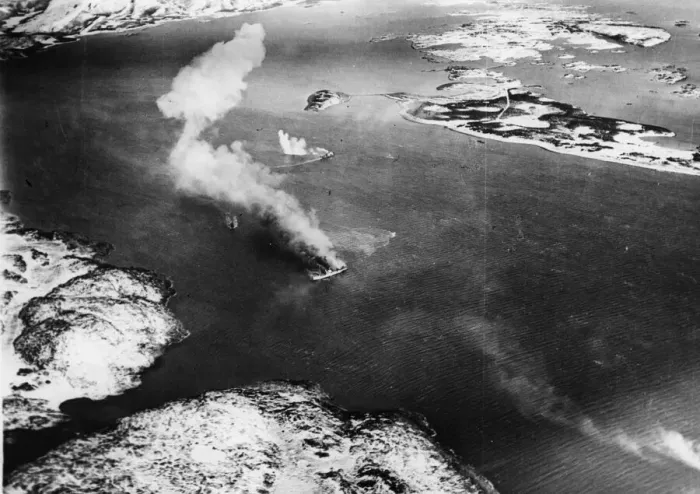 Framed Print : The small supply vessel (in foreground) well on fire and being beached; in centre Framed Print : The small supply vessel (in foreground) well on fire and being beached; in centre