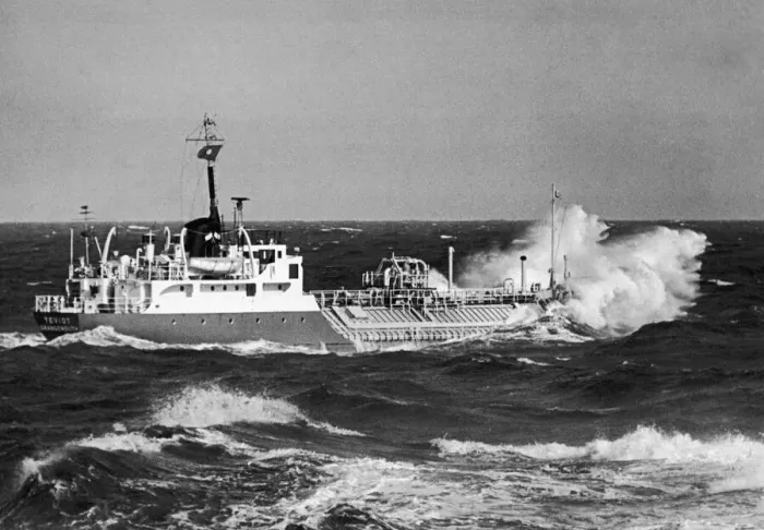 Framed Print : The small tanker Teviot seen here battling the North Sea off the South gare Redcar