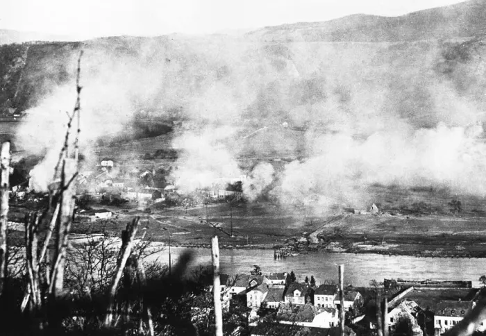 Framed Print : Smoke rises from a German town under assault by of the 10th Armoured Division Framed Print : Smoke rises from a German town under assault by of the 10th Armoured Division