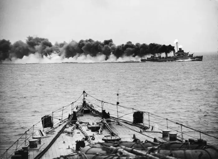 Framed Print : Smoke screen put up by US destroyers whilst circling HMS Enterprise Framed Print : Smoke screen put up by US destroyers whilst circling HMS Enterprise