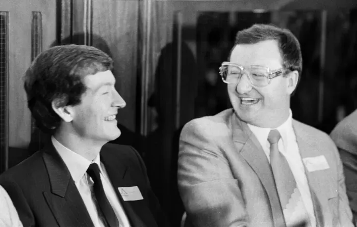 Framed Print : Snooker players Steve Davis and Dennis Taylor who recently contested the classic black Framed Print : Snooker players Steve Davis and Dennis Taylor who recently contested the classic black