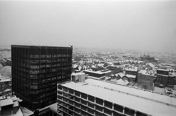 Snow scenes in Reading, Berkshire, seen from Western Tower. December 1981