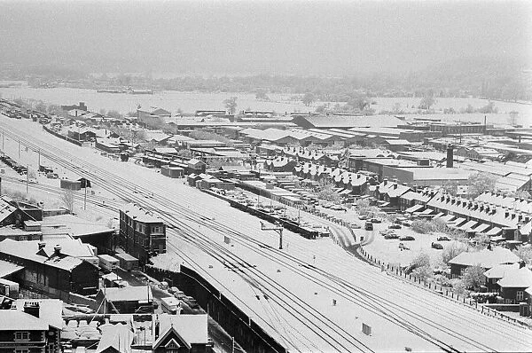 Snow scenes in Reading, Berkshire, seen from Western Tower. December 1981