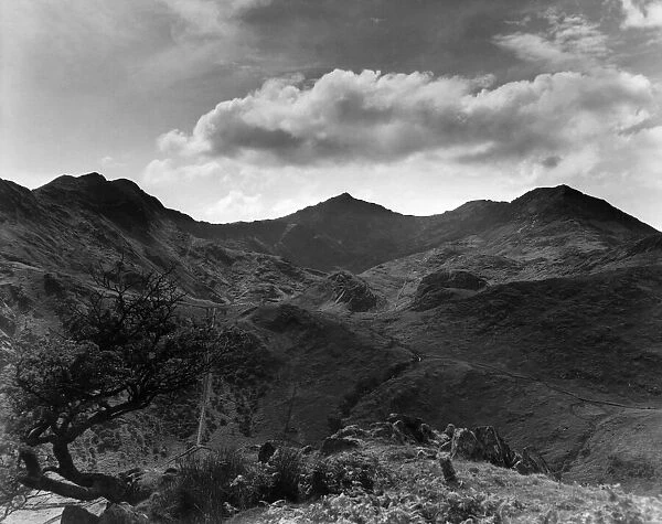 Snowdon (centre) with Lliwedd (left) and Crib Coch (right) from the Nant Gwynant Pass