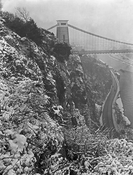 A snowy view of Clifton suspension bridge on New Years Day 1962. 1st January 1962