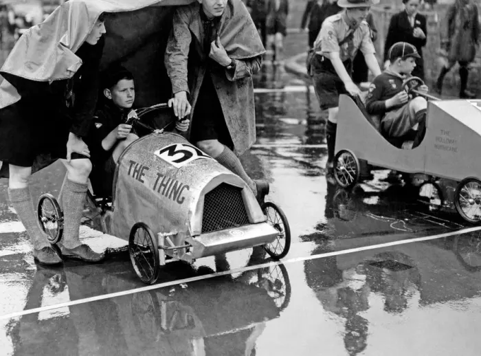 Framed Print : Soap Box Derby. This was held today, in the rain, at Fore Street, City of London Framed Print : Soap Box Derby. This was held today, in the rain, at Fore Street, City of London