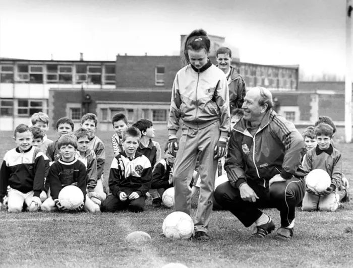 Framed Print : Soccer playing schoolgirl Lynsey Parkin got some tips from one of England Framed Print : Soccer playing schoolgirl Lynsey Parkin got some tips from one of England