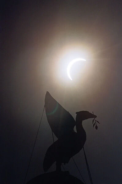 The solar eclipse pictured behind the Silhouette of the Liver Bird on a tower of
