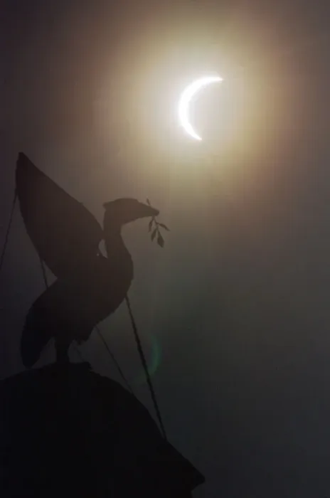Framed Print : The solar eclipse pictured behind the Silhouette of the Liver Bird on a tower of Framed Print : The solar eclipse pictured behind the Silhouette of the Liver Bird on a tower of