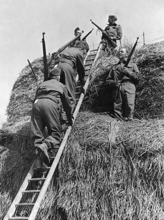 Framed Print : Soldiers of the British Army climbing a haystack during an anti invasion exercise in