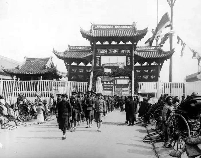 Framed Print : Soldiers of the Chinese government march under the entrance to the Viceroy