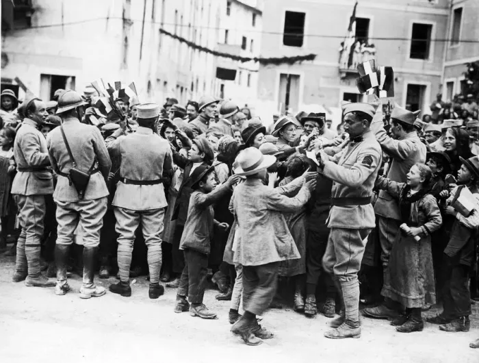 Framed Print : Soldiers of the French forces operating in Italy distributing French flags to Framed Print : Soldiers of the French forces operating in Italy distributing French flags to