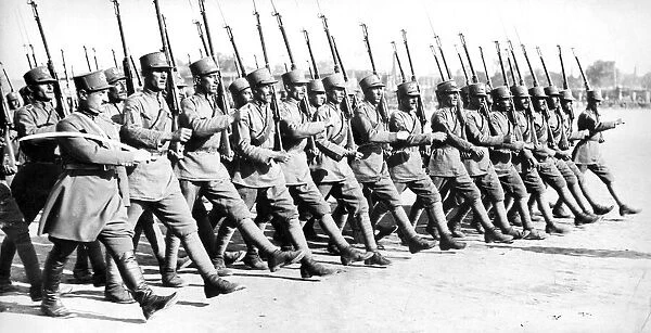Soldiers of the Iranian infantry seen here parading in Teheran shortly after