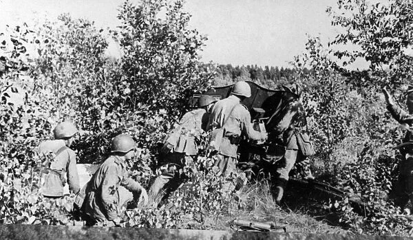 Soldiers of the Soviet Red Army destroy a German strong point during their offensive