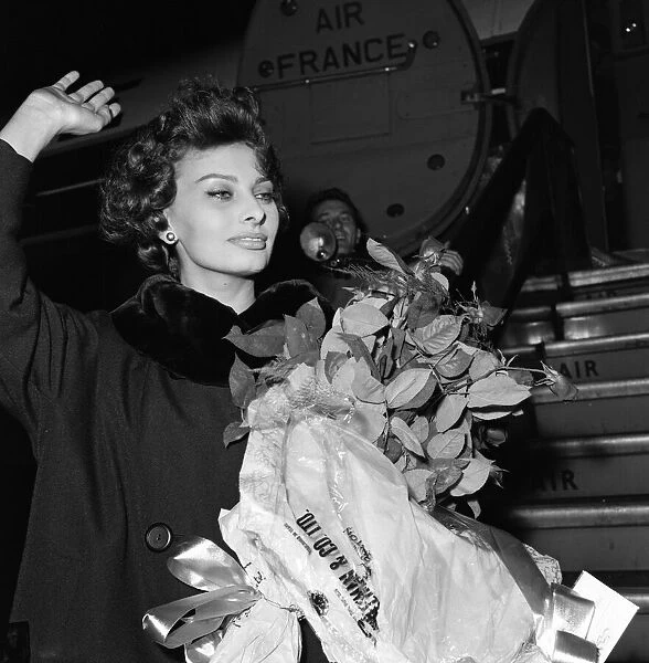 Sophia Loren pictured at London Airport. She is in London to make a war film