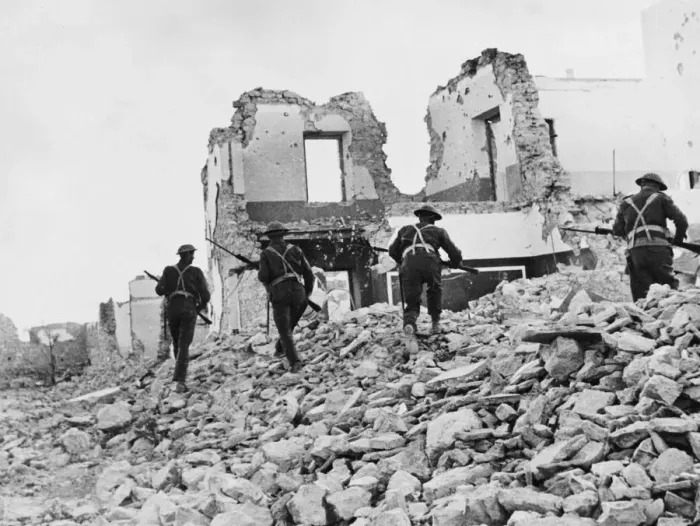 Framed Print : South African infantry search a ruined village for enemy soldiers near Bardia Framed Print : South African infantry search a ruined village for enemy soldiers near Bardia
