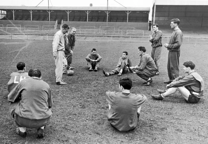 Framed Print : Southampton FC Training Session, 25th April 1963. Ted Bates, Manager, talks to team Framed Print : Southampton FC Training Session, 25th April 1963. Ted Bates, Manager, talks to team