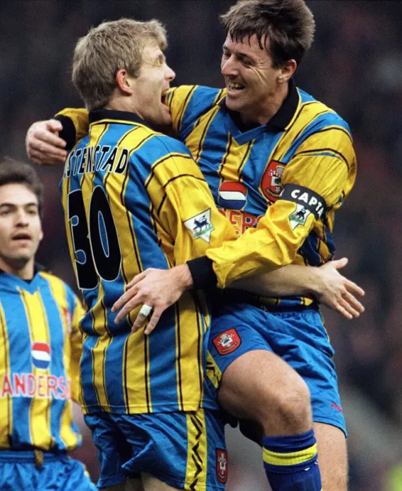 Framed Print : Southampton footballer Egil Ostenstad celebrates with team mate Matthew Le Tissier after Framed Print : Southampton footballer Egil Ostenstad celebrates with team mate Matthew Le Tissier after