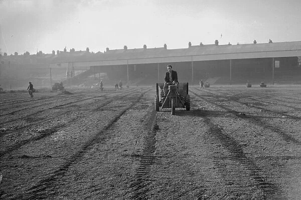 Southend ground staff prepare the pitch before the FA Cup tie match against Manchester