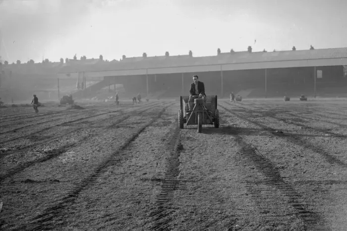 Framed Print : Southend ground staff prepare the pitch before the FA Cup tie match against Manchester Framed Print : Southend ground staff prepare the pitch before the FA Cup tie match against Manchester