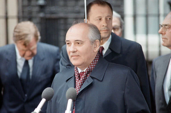 Soviet Leader, Mikhail Gorbachev, pictured during a news conference outside 10 Downing