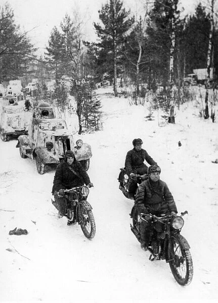 Soviet motor cyclists and armoured cars advancing during the Second World War