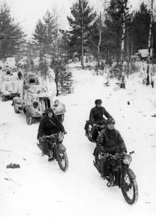 Framed Print : Soviet motor cyclists and armoured cars advancing during the Second World War Framed Print : Soviet motor cyclists and armoured cars advancing during the Second World War
