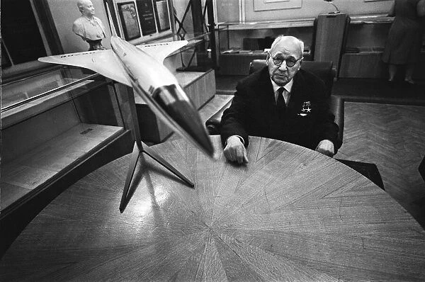 Soviet plane-maker Andrei Tupolev pictured with model of the TU-144