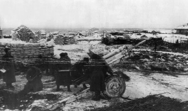 A Soviet Red Army battery gun crew in combat action against the German army north west of