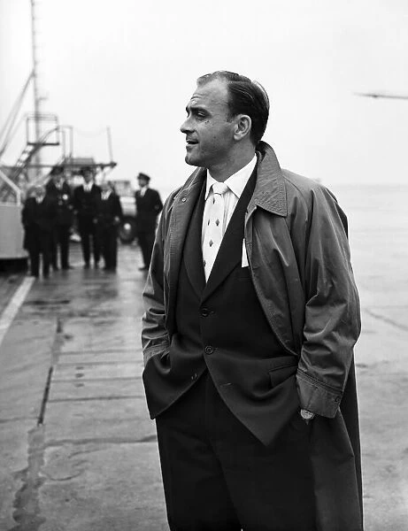 Spanish centre forward Alfredo Di Stefano of football team Real Madrid on arrival at