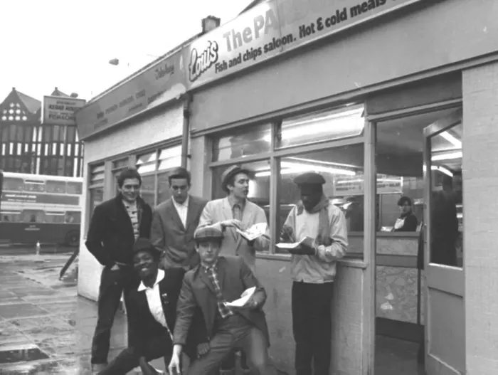 Framed Print : The Specials pop group in chip shop called The Parsons Nose Framed Print : The Specials pop group in chip shop called The Parsons Nose