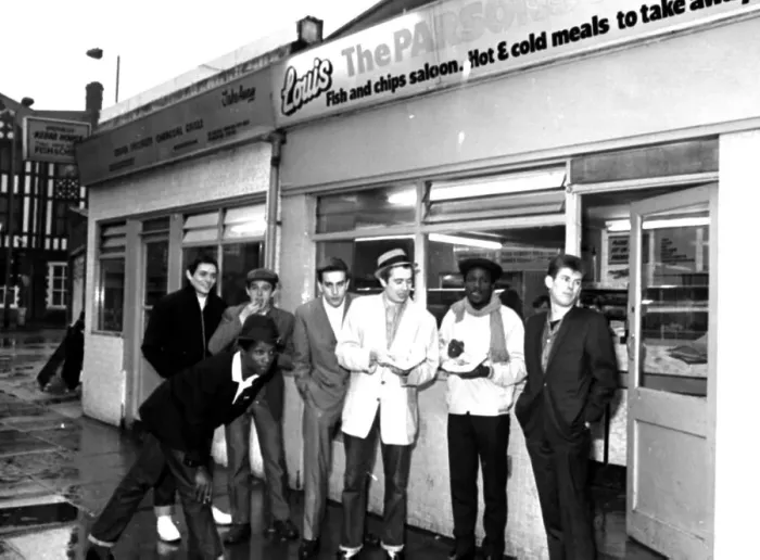 Framed Print : The Specials pop group in chip shop called The Parsons Nose Framed Print : The Specials pop group in chip shop called The Parsons Nose