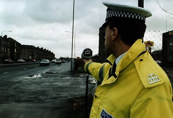 Speedgun speed trap police traffic policeman London Road Glasgow circa 1995