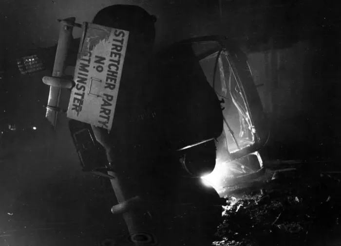 Framed Print : Speeding through the streets of London, this stretcher party car on its mission of mercy