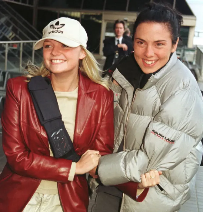 Framed Print : Spice Girls Singers Emma Bunton and Mel C November 1998 leave Heathrow Airport for