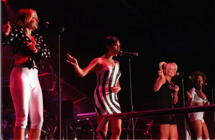 Framed Print : Spice Girls singing on stage during their concert at Glasgow SECC April 1998