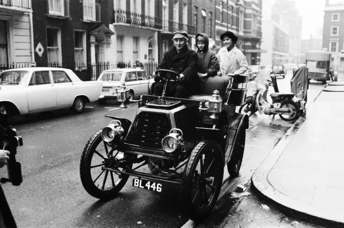 Framed Print : Spike Milligan off for a drive in the rain in a 1901 Durkopp loaned from the Montague Framed Print : Spike Milligan off for a drive in the rain in a 1901 Durkopp loaned from the Montague