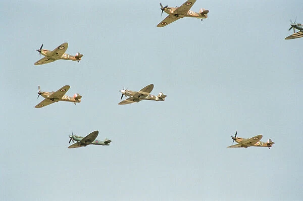 Spitfires and Hurricanes seen here during the flypast to commemorate the 50th Anniversary