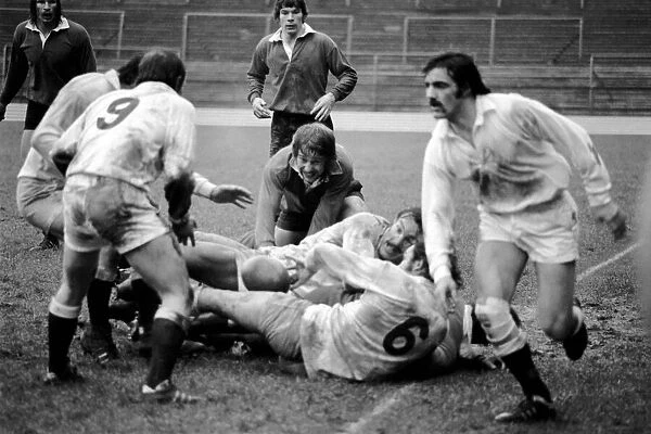Sport  /  Action: England Rugby trials. January 1977 77-00005-013
