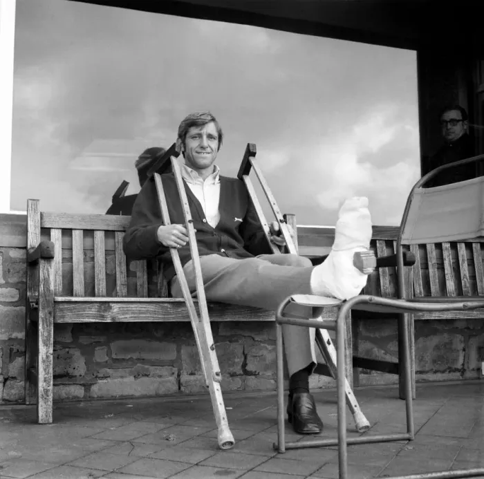 Framed Print : Sport: Football: Keith Newton, foot in plaster, with teammates at Pleasington Blackburn Framed Print : Sport: Football: Keith Newton, foot in plaster, with teammates at Pleasington Blackburn