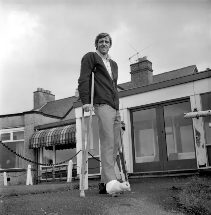 Framed Print : Sport: Football: Keith Newton, foot in plaster, with teammates at Pleasington Blackburn Framed Print : Sport: Football: Keith Newton, foot in plaster, with teammates at Pleasington Blackburn