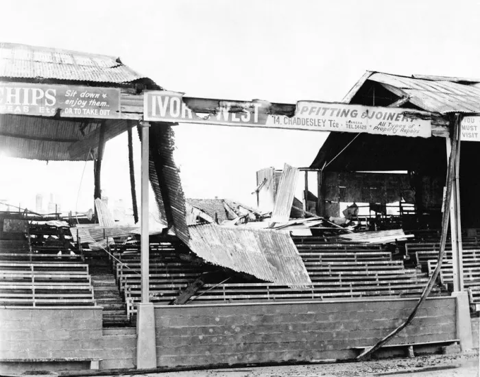 Framed Print : Sport - Football - Swansea - Vetch Field - Part of the main stand that was destroyed by a