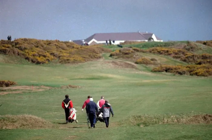 Framed Print : Sport - Golf - Royal Porthcawl - A general shot of golfers playing the course at Royal Framed Print : Sport - Golf - Royal Porthcawl - A general shot of golfers playing the course at Royal